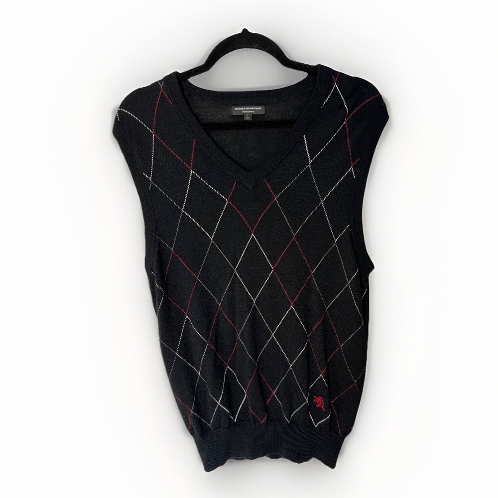 Express Design‎ Studio Mens Black Argyle Merino Wool V-Neck Sweater Vest Large